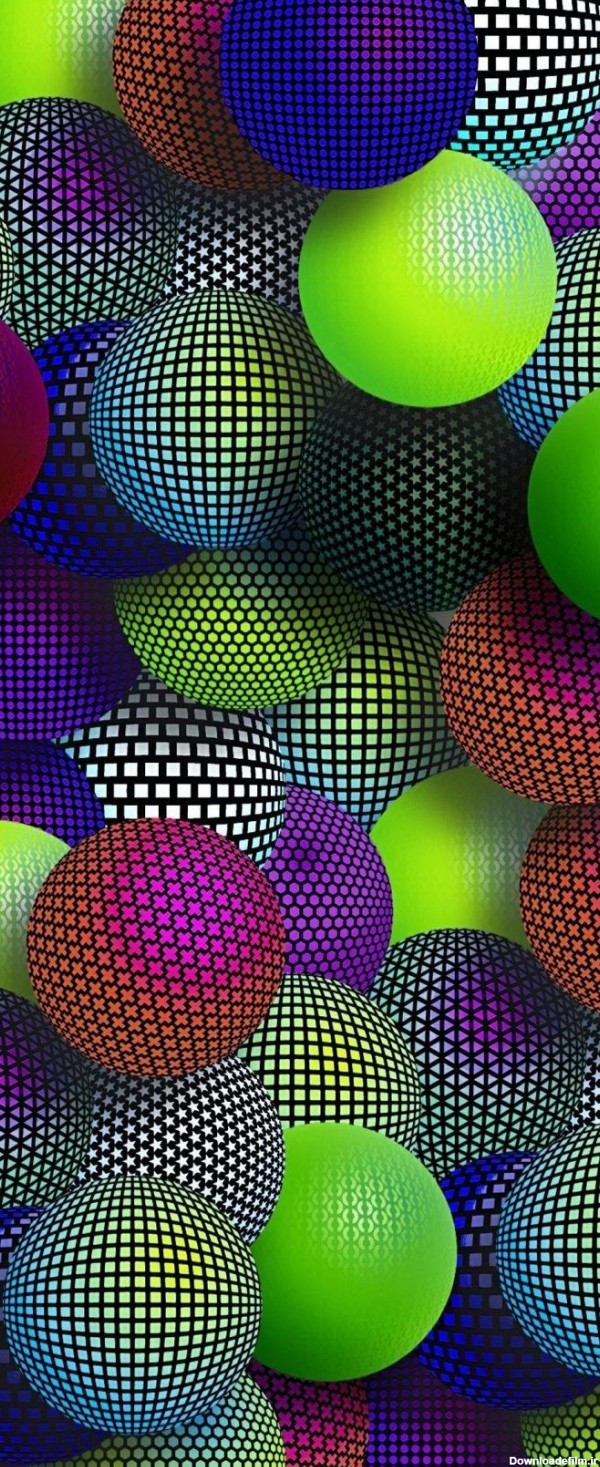 پس زمینه سه بعدی توپ های رنگارنگ با طرح های بسیار ریز متنوع