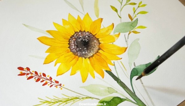 آموزش نقاشی - نقاشی با آبرنگ گل آفتابگردان زرد - هنر نقاشی
