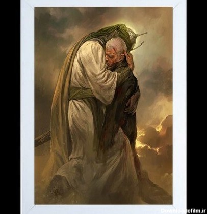 خرید و قیمت قاب عکس زیبای نقاشی سردار سلیمانی در آغوش امام حسین اثر حسن روحالامین کیفیت بسیار بالا | ترب