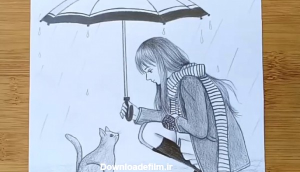 آموزش نقاشی دختری با گربه در روز بارونی