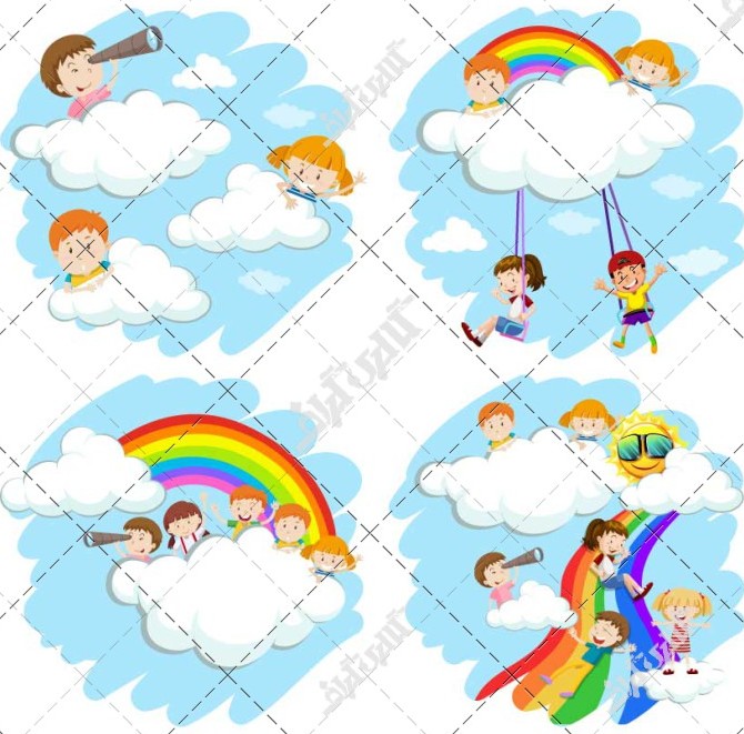 پوستر بازی کودکانه روی رنگین کمان و ابر