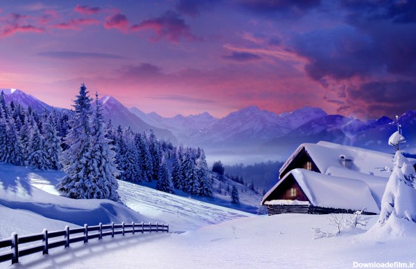 عکس با تم زمستانی دیدنی و زیبا 2022 با طرح کلبه های زیبا و برفی