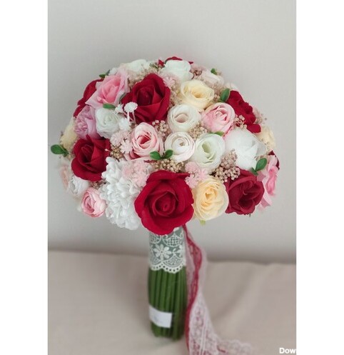 دسته گل عروس مصنوعی قرمز سفید صورتی