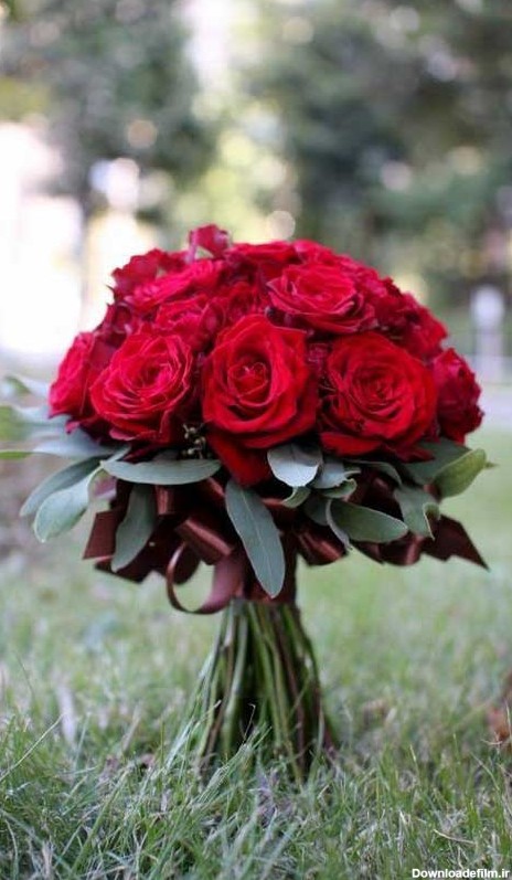 دسته گل عروس با رز قرمز به سبک روستایی
