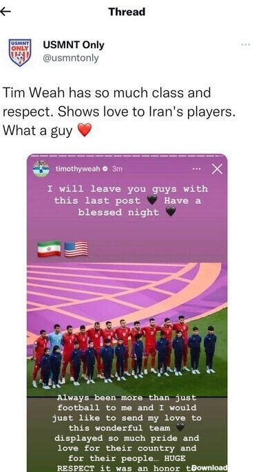 عکس | واکنش احساسی یک آمریکایی به رفتار بازیکنان ایران در پایان بازی | پسر رئیس جمهور تحت تاثیر قرار گرفت!