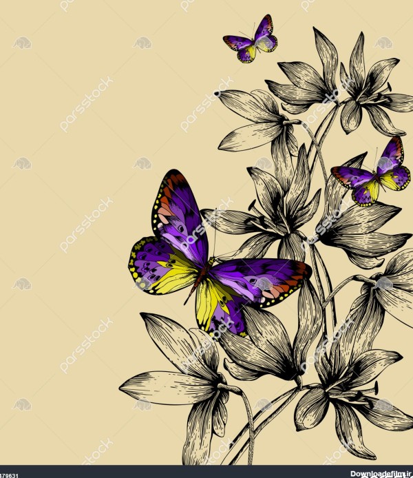 زمینه گل با پروانه های رنگارنگ و برفی نقاشی دستی تصویر برداری 1479631