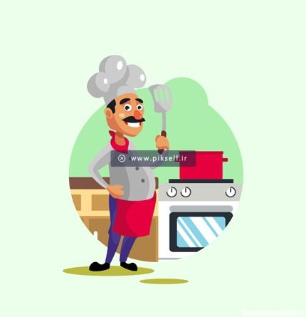فایل لایه باز پس زمینه کارتونی با طرح سرآشپز در حال پخت غذا نزدیک گاز