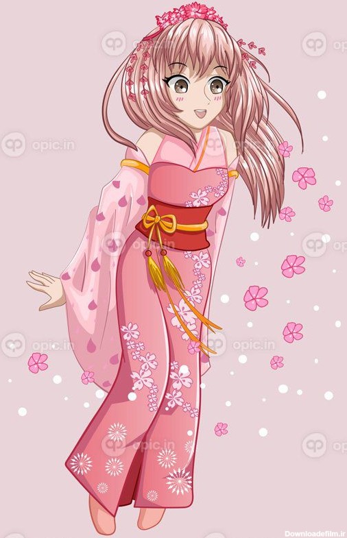 وکتور انیمه دختر ژاپنی مو بلند صورتی زیبا با کیمونوی صورتی با ...