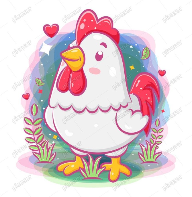وکتور مرغ کارتونی - وکتور کارتونی مرغ کوچک با پس زمینه سبز و گل ...