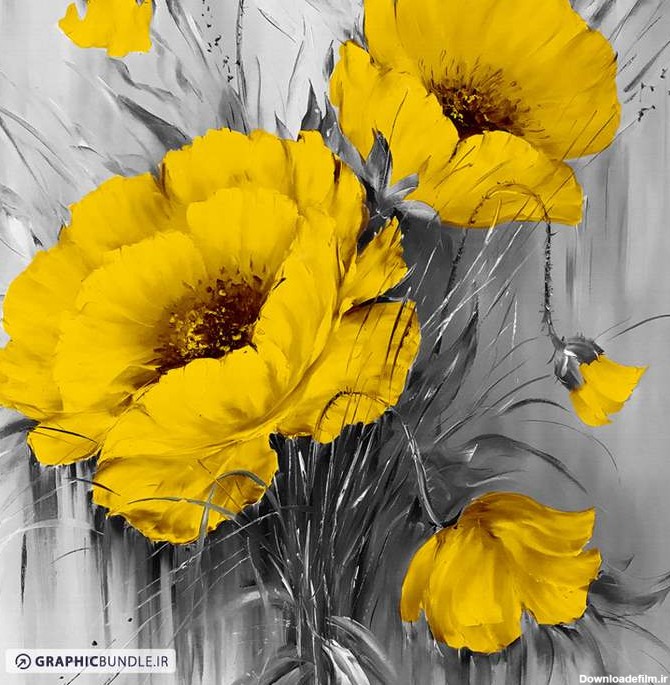 طرح تابلوی دکوراتیو از گلهای لاله زرد نقاشی شده رنگ روغن با ...
