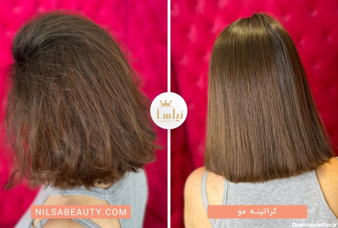کراتینه مو بانو جوان با موی قهوه ای کوتاه به صورت قبل و بعد در سالن زیبایی نیلسا