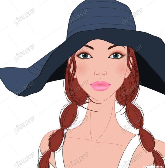 وکتور دختر جوان با کلاه بزرگ و موهای بافته - وکتور تصویرسازی دختر جوان با کلاه