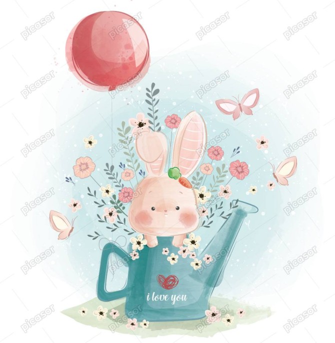 وکتور بچه خرگوش با گل و پروانه و بادکنک طرح نقاشی آبرنگ ...
