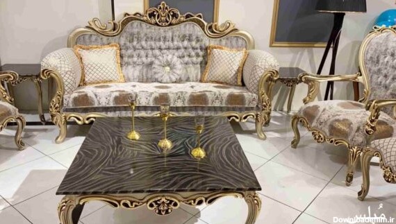 مبل کلاسیک افسون کاناپه و میز رنگ چوب قهوه ای طلایی رنگ پارچه طوسی 3 عدد کوسن مبل