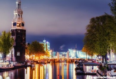 دانلود عکس شب زیبا در آمستردام نورپردازی