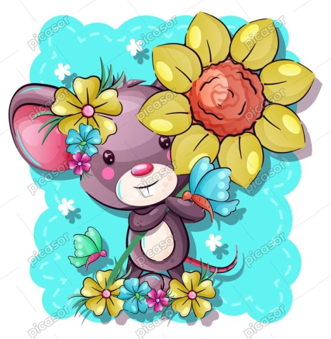وکتور موش کارتونی با گل و پروانه