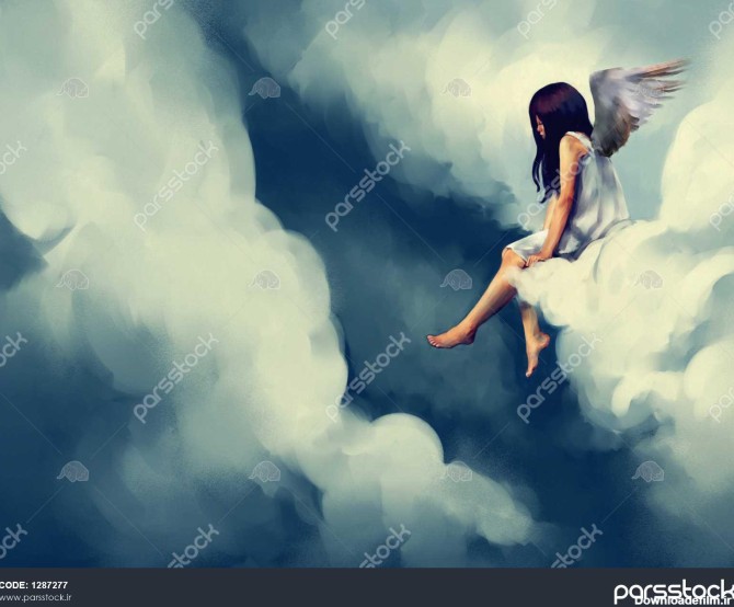 نقاشی فرشته زیبا روی ابر نشسته است 1287277