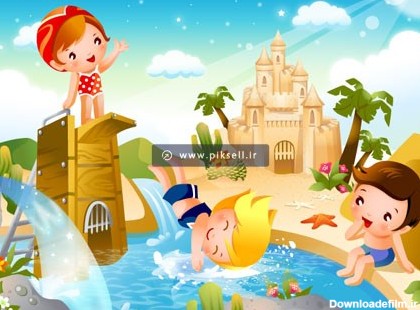 وکتور کارتونی شنای بچه ها و پرش از ارتفاع در استخر