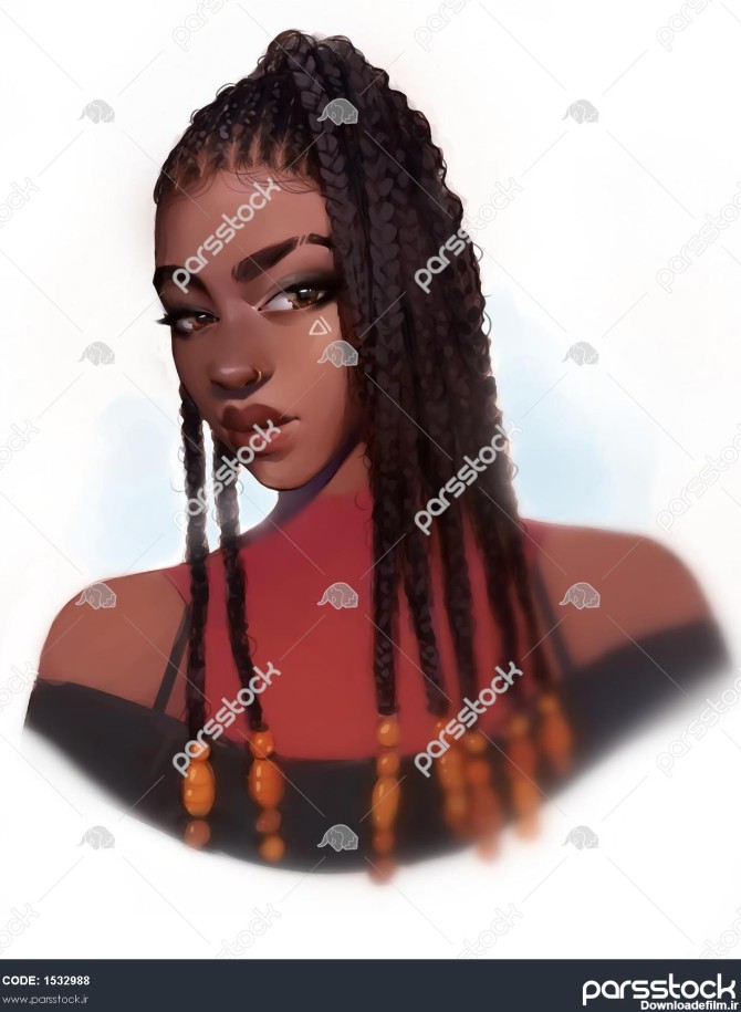 دختر زیبا رنگ پوست سیاه مو بافته نقاشی دیجیتال 1532988