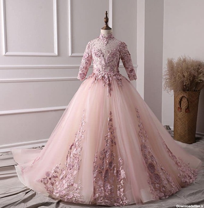 لباس مجلسی برای عقد؛ ساده کوتاه پرنسسی 2 رنگ نباتی pink - آراد برندینگ