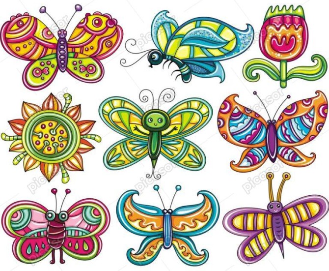 9 وکتور نقاشی پروانه فانتزی کودکانه - وکتور تصویر سازی گل و پروانه طرح نقاشی کودک