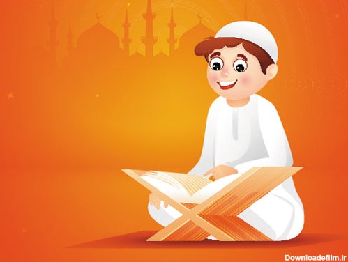 طرح وکتور کارتونی و گرافیکی پسر عرب در حال خواندن قرآن روی رحل