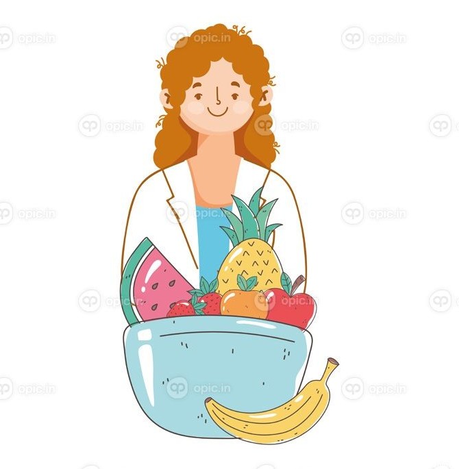 دانلود وکتور غذای پزشک متخصص تغذیه زن با میوه های تازه بازار غذای ...