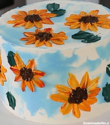 ایده تزیین کیک با باترکریم ، به شکل گل آفتابگردان - با باترکریم