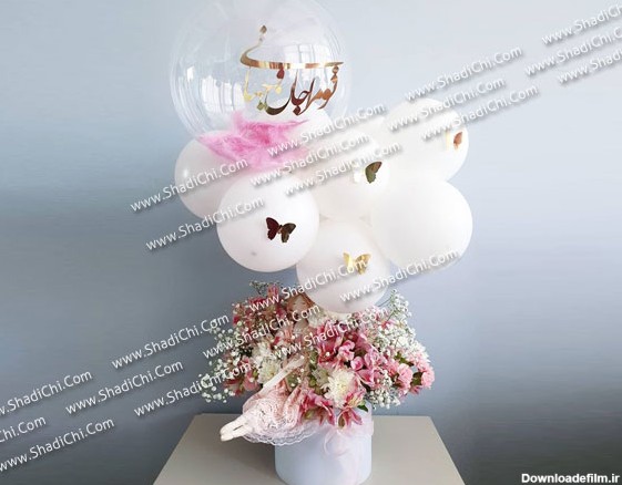 باکس گل با عروسک و بادکنک سفید
