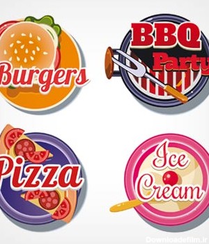 وکتور مجموعه لوگو و لیبل های خوراکی های فست فودی (BBq pizza with ice cream and sushi burgers vector labels)