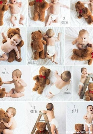 ایده عکس ماهگرد نوزاد در منزل با استفاده از عروسک‌ خرس