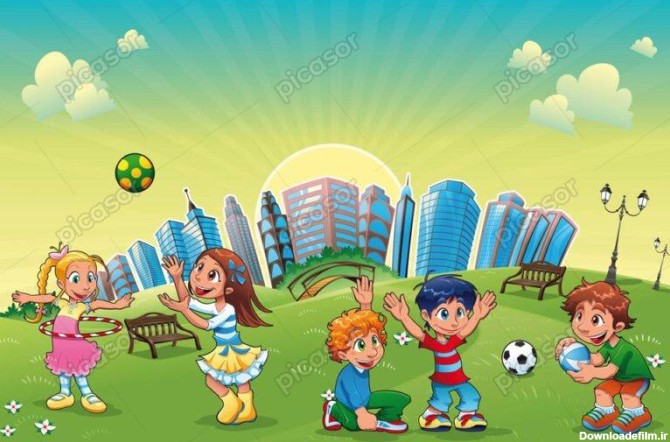 وکتور کارتونی بچه ها در حال توپ بازی - وکتور دختر و پسر در حال بازی در چمن پارک