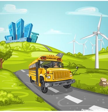 وکتور کارتونی اتوبوس مدرسه در جنگل (لایه باز Ai)