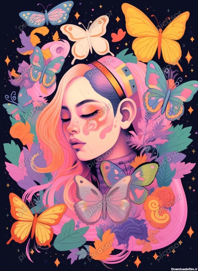 عکس تصویرسازی دختر با پروانه های رنگی - تصویرسازی رویایی » پیکاسور