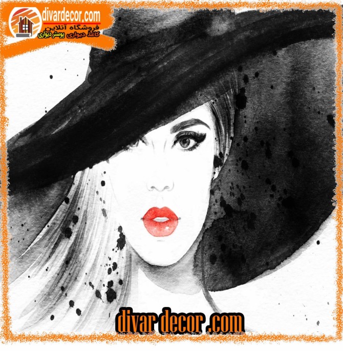 پوستر دیواری طرح نقاشی چهره زن سیاه و سفید کلاه دار | دیواردکور