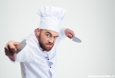 دانلود پرتره از آشپز عصبانی آشپز برگزاری چاقو جدا شده بر روی زمینه سفید