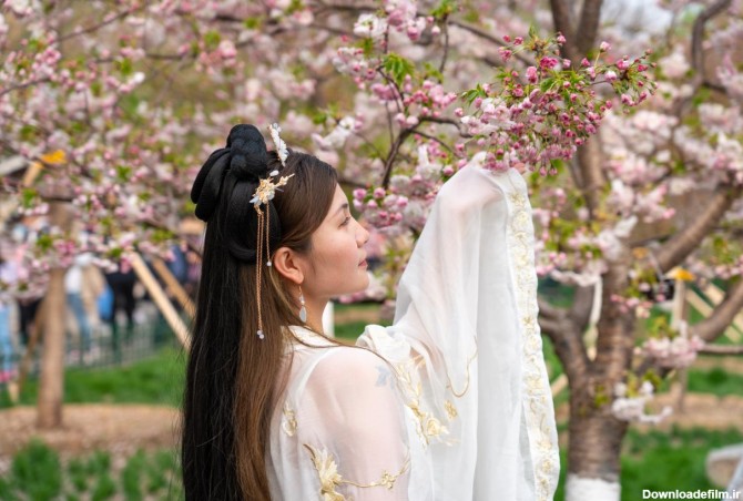 عکس گرفتن دختران زیبا با لباس های سنتی چینی در میان گل ها