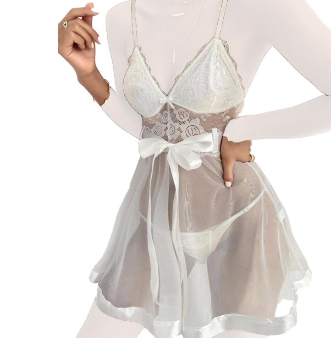 خرید لباس خواب حریر سفید k126 | پیراهن حریر و گیپور | لبسی