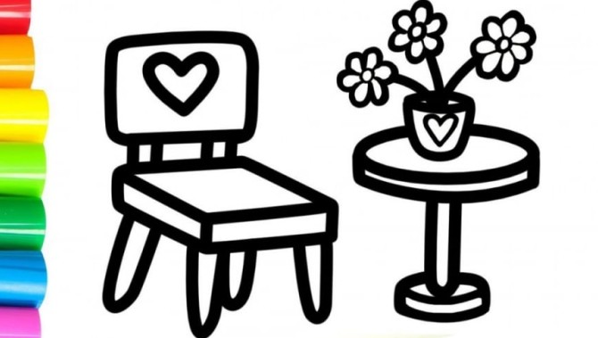 آموزش نقاشی به کودکان - نقاشی صندلی میز و گل