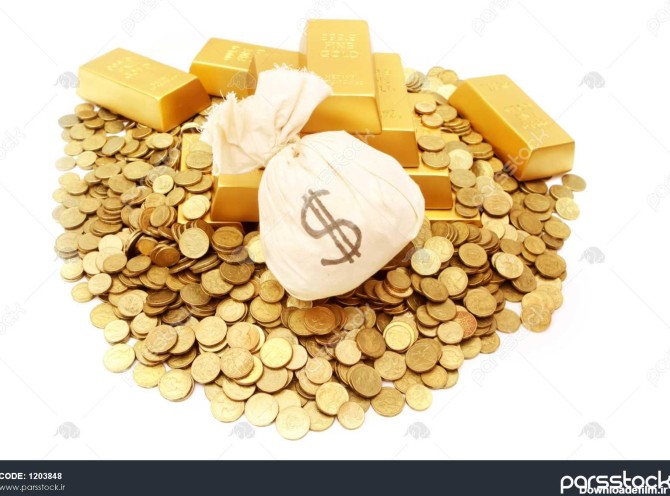 شمش طلا با سکه های طلا و کیسه پول 1203848