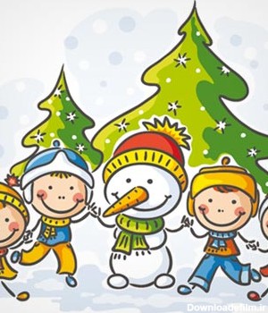 وکتور کارتونی شادی بچه ها در برف و آدم برفی (happy Winter Children Cartoon Vector)