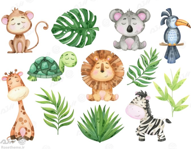 وکتور EPS لایه باز طرح کارتونی و آبرنگی حیوانات جنگل شامل ...