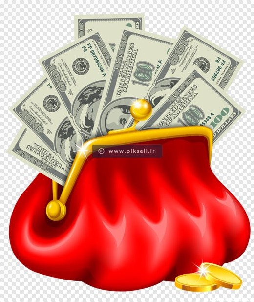 تصویر دوربری شده کیف پول قرمز و اسکناس های دلار