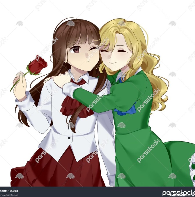 دو دوست دختر زیبا گل لباس سبز سفید قرمز نقاشی دیجیتال 1534309