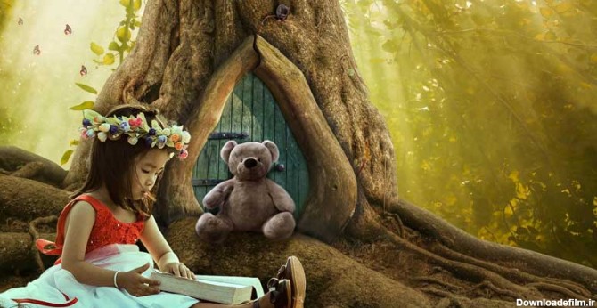 دانلود تصویر کتاب و دختربچه در جنگل
