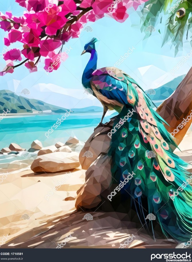 عکس زیبا از طاووس نقاشی یک طاووس در ساحل با یک گل صورتی در سمت ...