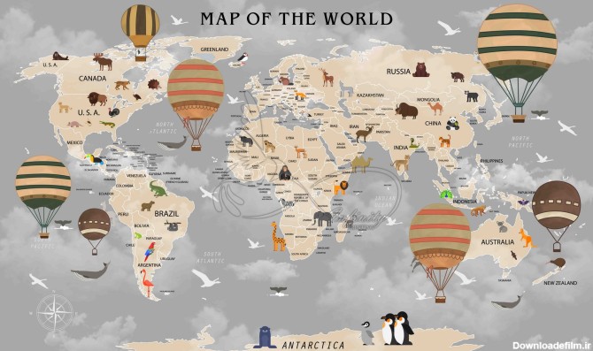 طرح پوستر کودک نقشه جهان به همراه حیوانات