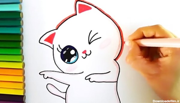 آموزش نقاشی حیوانات | نقاشی کودکانه زیبا | نقاشی گربه با رنگ آمیزی