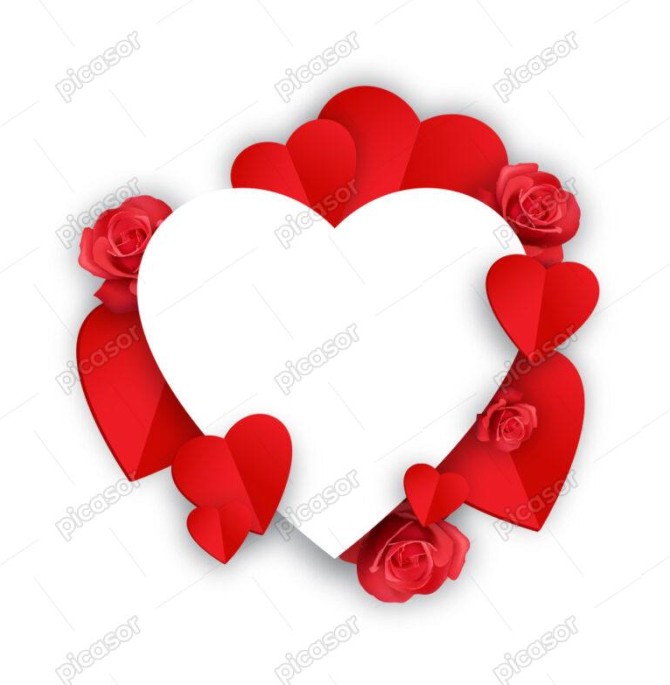 وکتور قلب سفید اطراف قلبهای قرمز و گل سرخ رز عشق