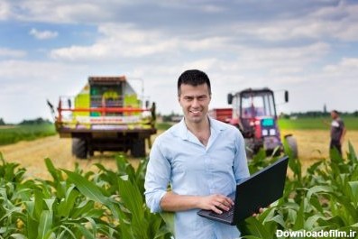 دانلود کشاورز جذاب جوان با داشتن لپ تاپ در مزرعه ذرت ، تراکتور و ترکیب برداشت کننده محصول که در زمینه گندم کار می کند در پس زمینه است
